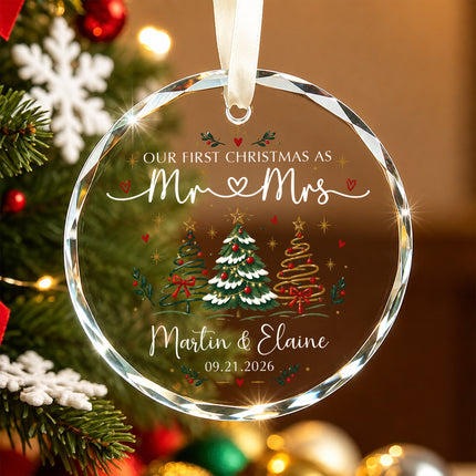 Personalized First Christmas Couple Glass Ornament with Christmas Trees and Hearts