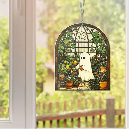 Cute Ghost Greenhouse Suncatcher Ornament, Halloween Ghost Acrylic Window Hangings, Plant Lovers Gift, Halloween Home Decor, Gift For Mom - Charming Present