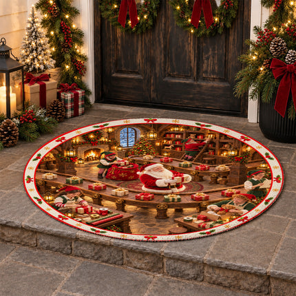 Christmas Gift Wrapping Round Rug Santa Workshop Doormat