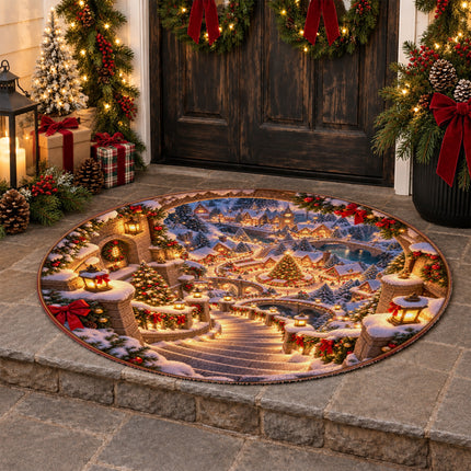 Christmas Village Round Rug Snowy Stairway Holiday Doormat