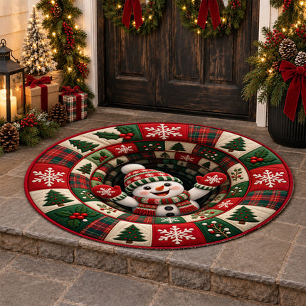 Christmas Round Doormat with Snowman Patchwork Rug