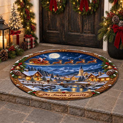 Personalized Christmas Village Round Doormat Santa Sleigh Moonlit Family Name Rug