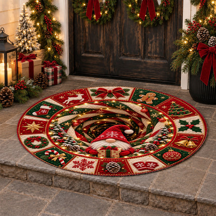 Christmas Round Doormat with Holiday Gnome Patchwork