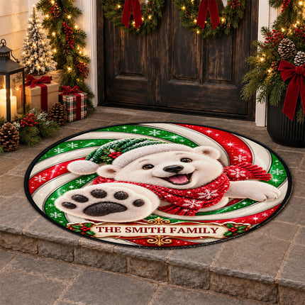 Personalized Christmas Doormat Cute Polar Bear Family Name Round Rug