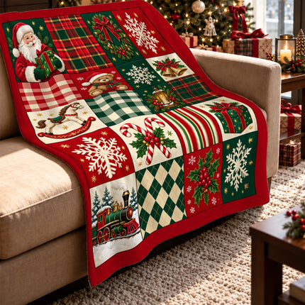 Christmas Patchwork Fleece Blanket Vintage Santa Teddy Bear Plaid Holiday Throw