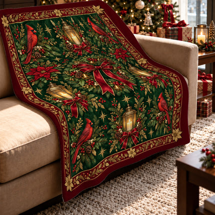 Christmas Fleece Blanket with Cardinal Lantern Wreath