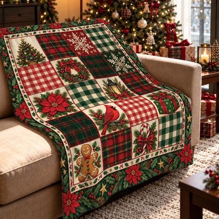 Christmas Patchwork Fleece Blanket Vintage Plaid Cardinal Poinsettia
