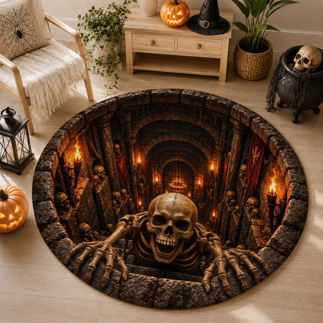 Halloween Skeleton Dungeon Round Rug 3D Skull Horror Doormat
