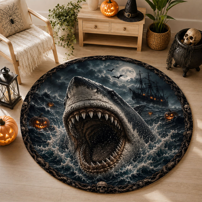Halloween Shark Round Rug Haunted Ocean Pirate Ship Doormat