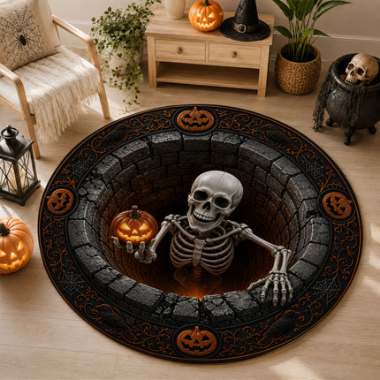 Halloween Round Rug Skeleton Pumpkin 3D Illusion Doormat