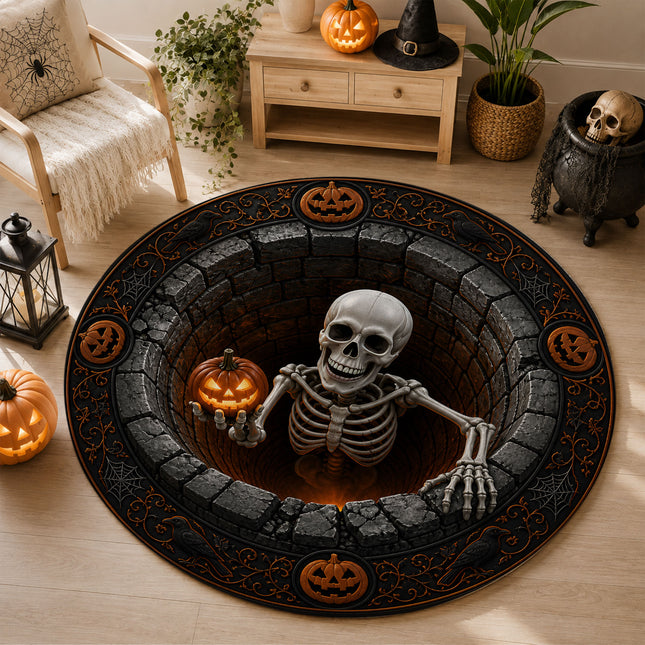 Halloween Round Rug Skeleton Pumpkin 3D Illusion Doormat