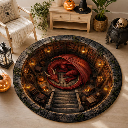 Halloween Round Rug Red Dragon Dungeon 3D Fantasy Doormat