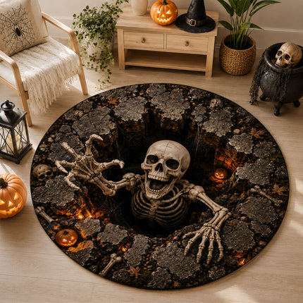 Halloween Skeleton Grave Pit Round Rug 3D Creepy Skull Doormat