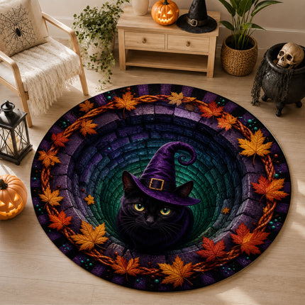 Halloween Round Rug Black Cat Witch 3D Illusion Doormat