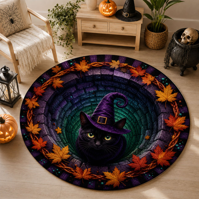 Halloween Round Rug Black Cat Witch 3D Illusion Doormat