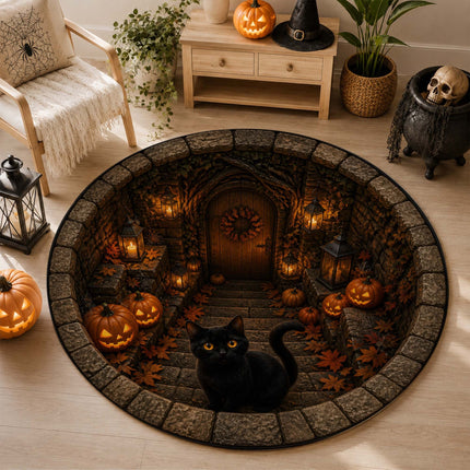 Halloween Round Rug Black Cat Pumpkin 3D Haunted Stairway Doormat