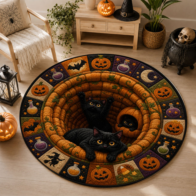 Halloween Round Rug Black Cat Pumpkin 3D Illusion Doormat