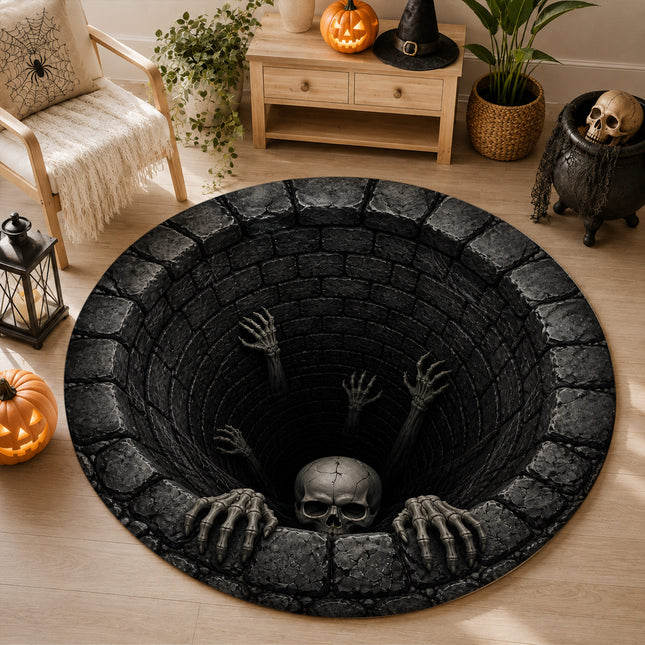 Halloween Round Rug Skeleton Well 3D Illusion Doormat