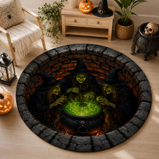 Halloween Round Rug Witches Cauldron 3D Illusion Doormat