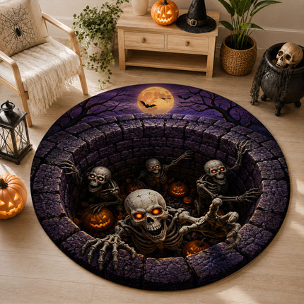 Halloween Round Rug Skeleton Grave 3D Illusion Doormat