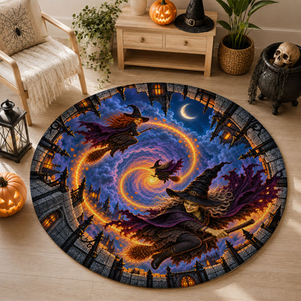 Halloween Flying Witch Portal Round Rug Haunted Castle Doormat