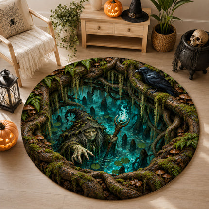 Halloween Swamp Witch Round Rug Haunted Forest Raven Doormat