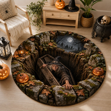 Halloween Witch Coffin Graveyard Round Rug Spooky Pumpkin Doormat