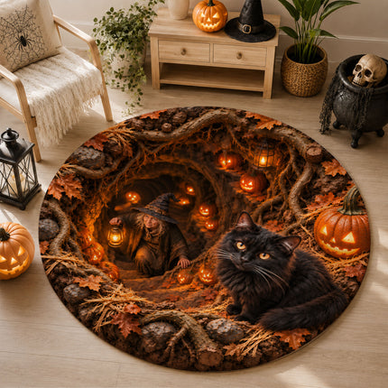 Halloween Black Cat Witch Cave Round Rug Pumpkin Doormat