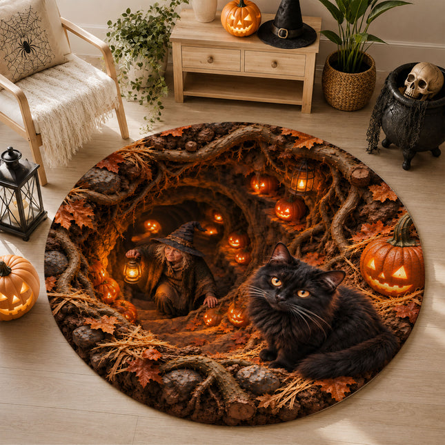 Halloween Black Cat Witch Cave Round Rug Pumpkin Doormat