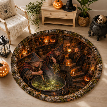 Halloween Witch Cauldron Round Rug Spooky Potion Cellar Doormat