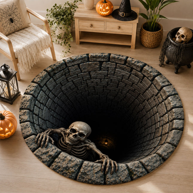 Halloween Round Rug Skeleton Well Spooky Doormat