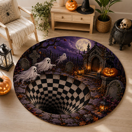 Halloween Round Rug Ghost Graveyard Moon 3D Illusion Doormat