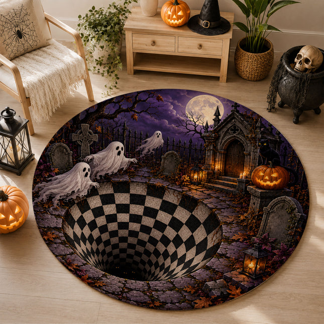 Halloween Round Rug Ghost Graveyard Moon 3D Illusion Doormat