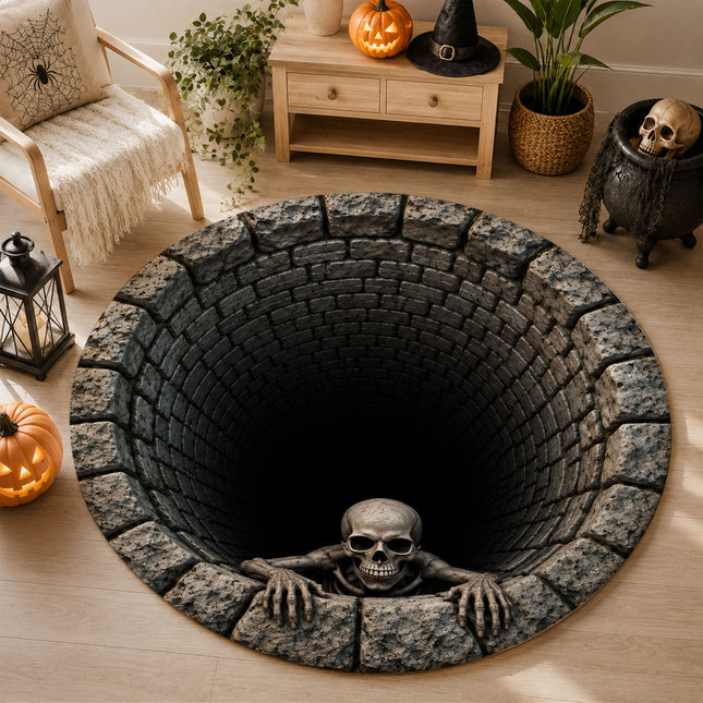 Halloween Round Rug Skeleton Stone Well 3D Illusion Doormat