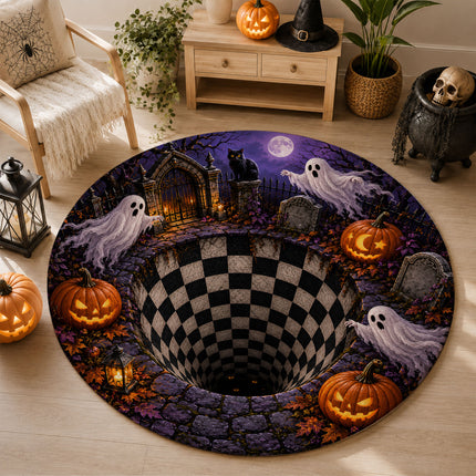 Halloween Round Rug Ghost Pumpkin Graveyard Illusion Doormat