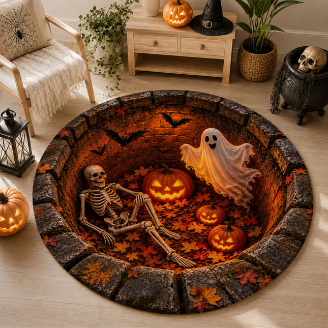 Halloween Round Rug Skeleton Ghost Pumpkin 3D Illusion Doormat