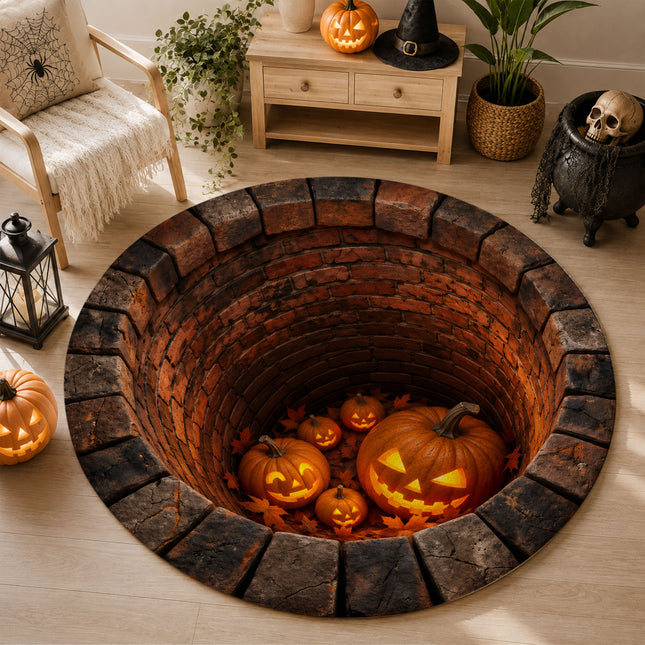 Halloween Round Rug Jack O Lantern Brick Well 3D Illusion Doormat