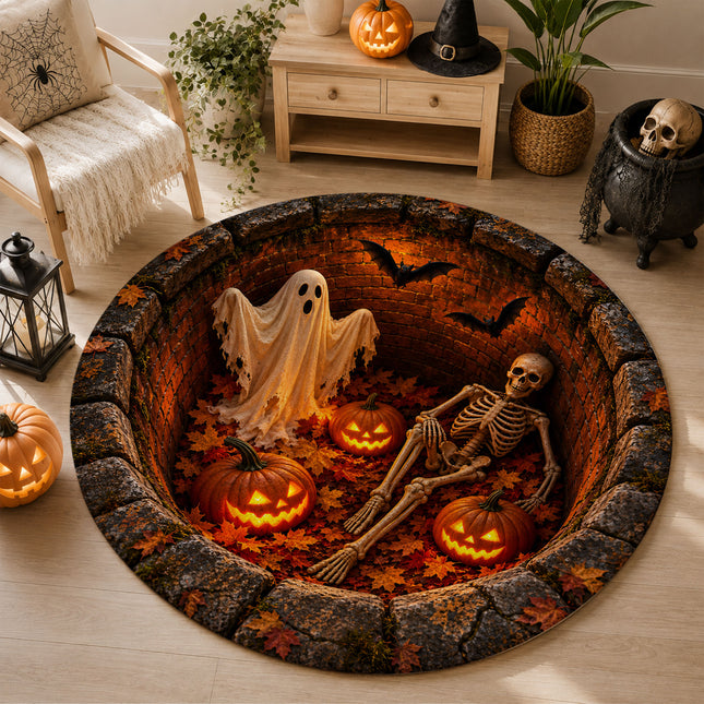 Halloween Round Rug Skeleton Ghost Pumpkin 3D Well Doormat