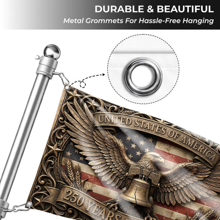 United States of America 250 Years of Freedom Ornate Bronze Eagle Liberty Bell House Flag