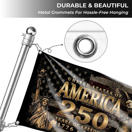 United States of America 250 Years of Freedom Vintage Gold Liberty Bell House Flag