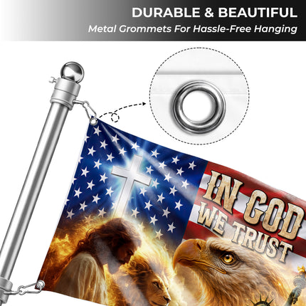 In God We Trust Jesus Lion Eagle Cross Grommet Flag