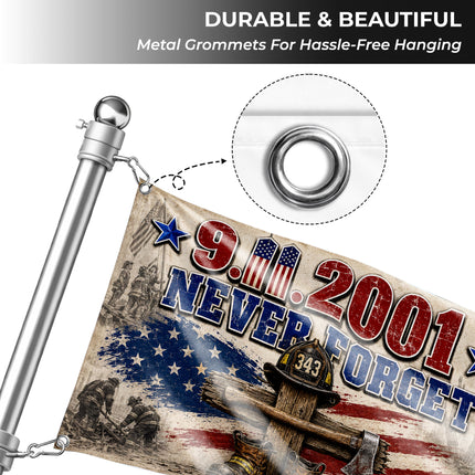 Patriot Day 25th Anniversary 343 Firefighter Cross Never Forget Grommet Flag