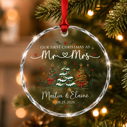 Personalized First Christmas Couple Glass Ornament with Christmas Trees and Hearts