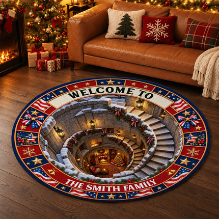 Personalized Christmas Doormat Patriotic Welcome Holiday Round Rug