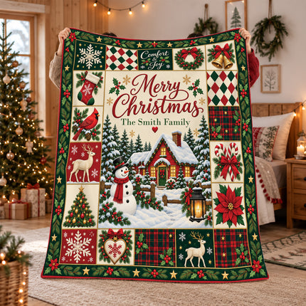 Personalized Family Christmas Fleece Blanket Snowman Winter Cottage