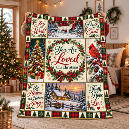 Christian Christmas Fleece Blanket You Are Loved Holiday Patchwork