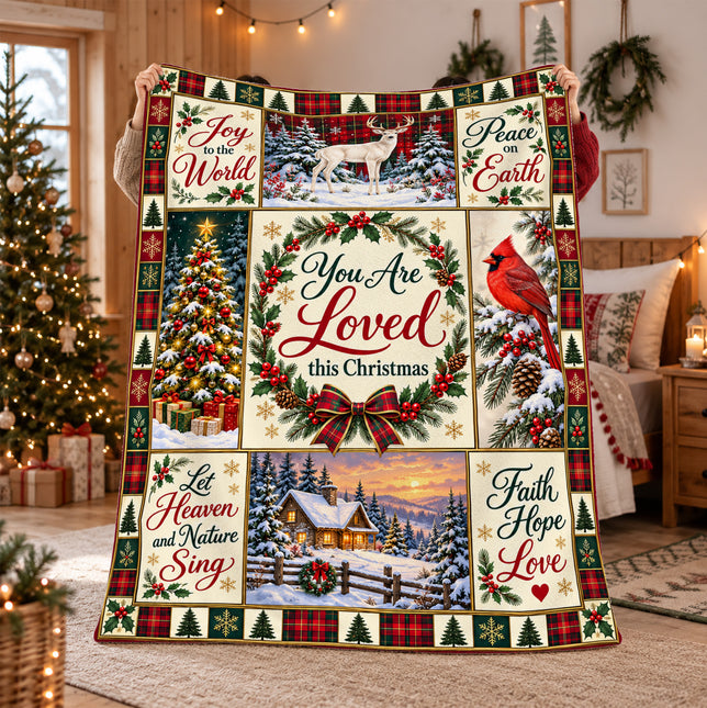 Christian Christmas Fleece Blanket You Are Loved Holiday Patchwork