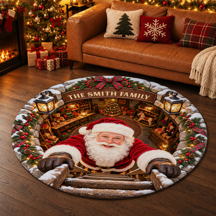 Personalized Santa Workshop Christmas Round Doormat Cozy Family Welcome Rug