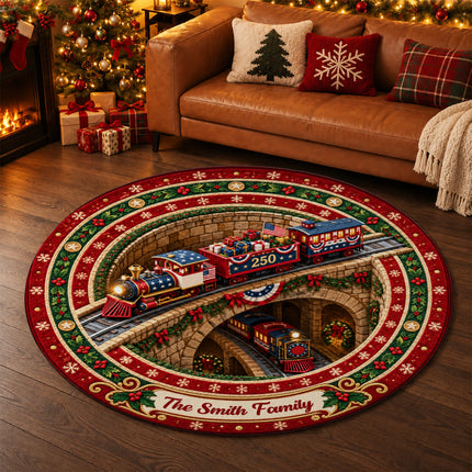 Personalized Christmas Train Doormat Patriotic Holiday Round Rug