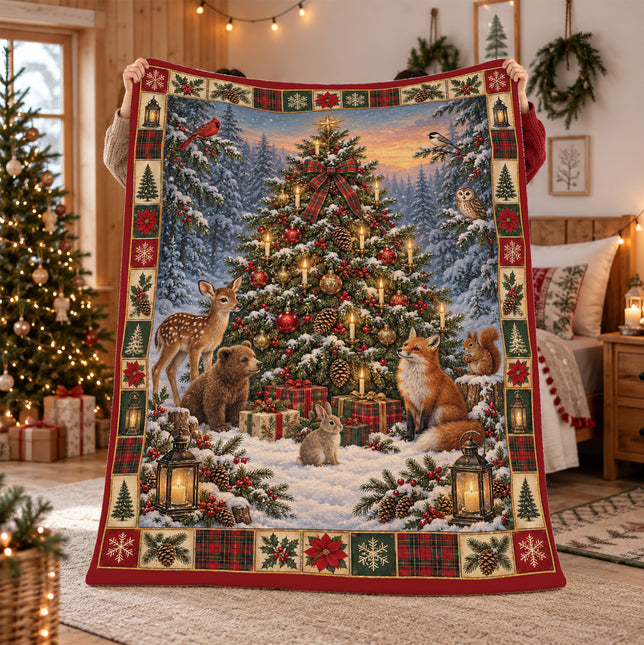Woodland Animals Christmas Fleece Blanket Candlelit Winter Forest